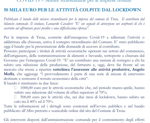 Covid19 - Misure straordinarie per le imprese troiane