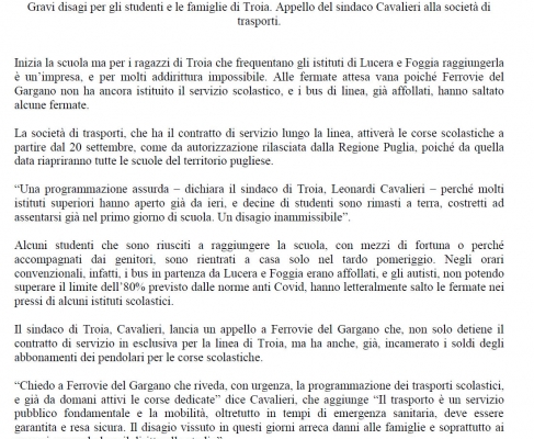 Ferrovie del Gargano non attiva il trasporto scolastico