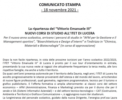Nuovi corsi di studio all'ITET di Lucera