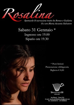 “Rosalina” uno spettacolo teatrale di narrazione tratto da Romeo e Giulietta: Maria Assunta Salvatore in scena al Bibliocafè Sabato 31 Gennaio